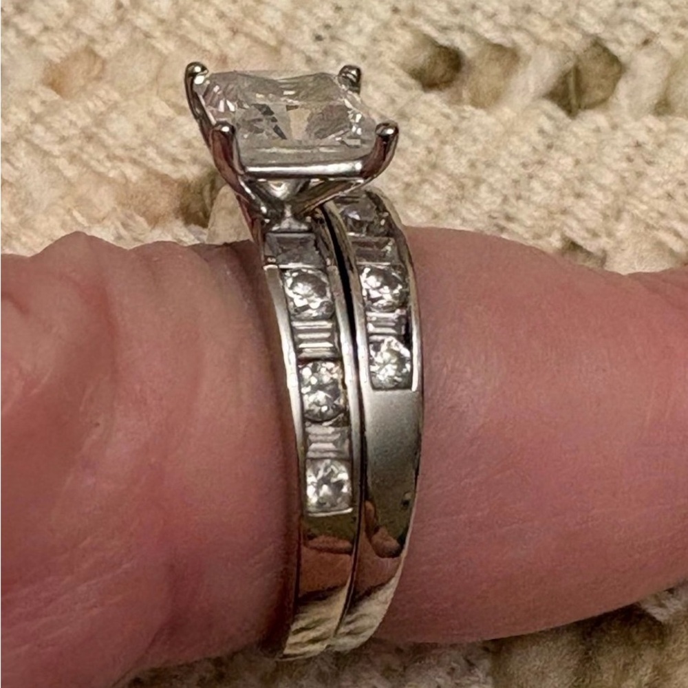 14K White Gold Diamonique Engagement Ring/Wedding Band - Picture 9 of 12